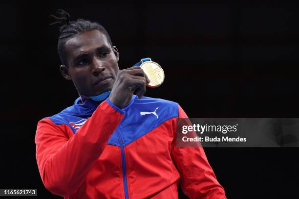 Julio Cesar La Cruz Peraza of Cuba in the podium of men´s Boxing Light Heavy on Day 6 of Lima 2019 Pan American Games at Coliseo Miguel Grau at Villa...