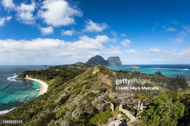 The landscape of Lord Howe Island looking over the lagoon and Ned's beach towards Mount Gower is seen from Kims Lookout on Lord Howe Island, New...