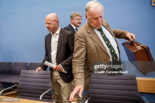 Andreas Kalbitz, lead candidate of the right-wing Alternative for Germany political party in elections in Brandenburg state, Joerg Meuthen, leader of...