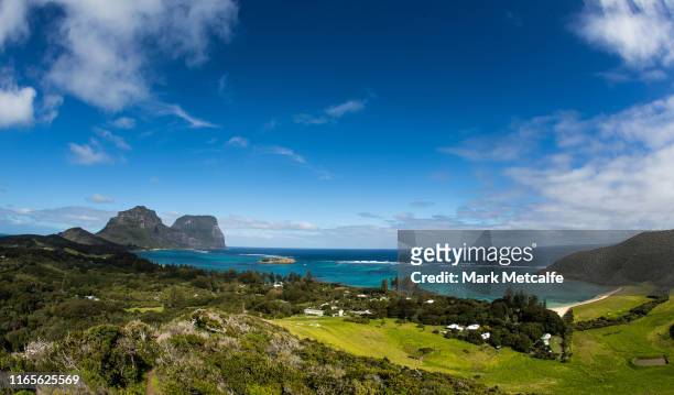 The landscape of Lord Howe Island looking over the lagoon and Ned's beach towards Mount Gower is seen from Kims Lookout on Lord Howe Island, New...