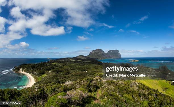 The landscape of Lord Howe Island looking over the lagoon and Ned's beach towards Mount Gower is seen from Kims Lookout on Lord Howe Island, New...