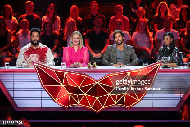 Adel Tawil, Ruth Moschner, Max Giesinger and Collien Ulmen-Fernandes at the "The Masked Singer" finals at Coloneum on August 01, 2019 in Cologne,...