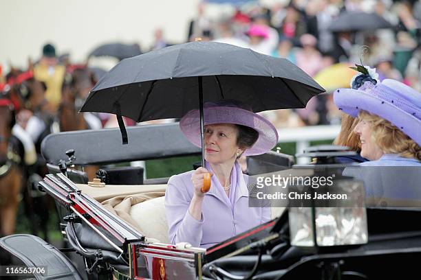 Princess Anne, Princess Royal arrives as part of the royal carriage procession on Ladies Day at Royal Ascot at Ascot Racecourse on June 14, 2011 in...