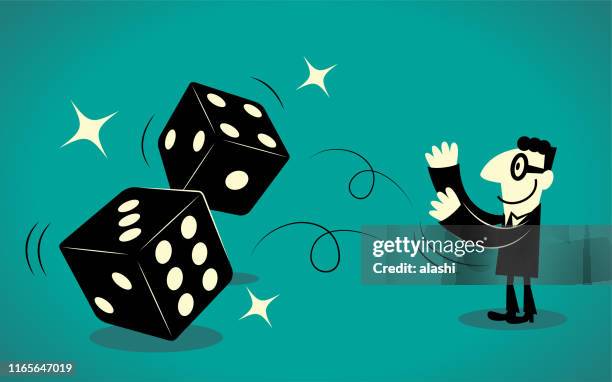 businessman throwing two dice - flipping a coin stock illustrations