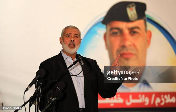 Palestinian Hamas chief in the Gaza strip Ismail Haniyeh, gives a speech during a memorial service Three Hamas policemen were killed after two...