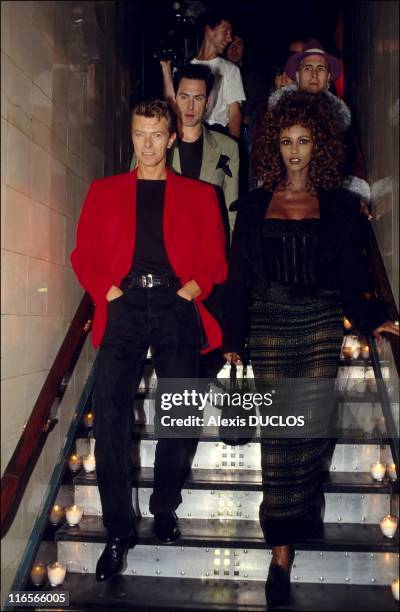 Iman and David Bowie at Les Bains douches during a soire dedicated to Francesca Dellera, on 18th September 1991 in Paris.
