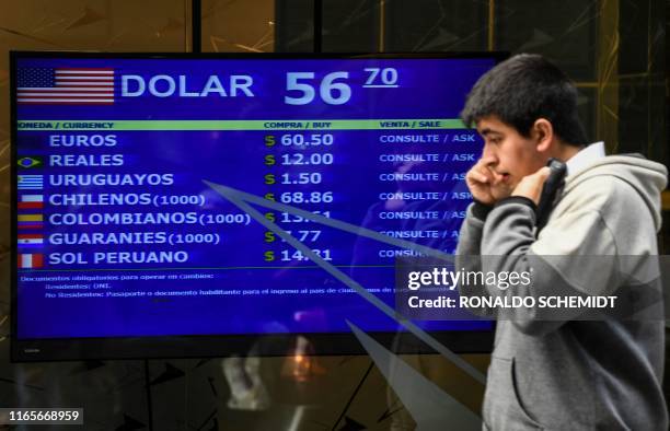 Man walks past the buy-sell board displaying currency exchange values at the window of a bureau de change in Buenos Aires on September 2, 2019....