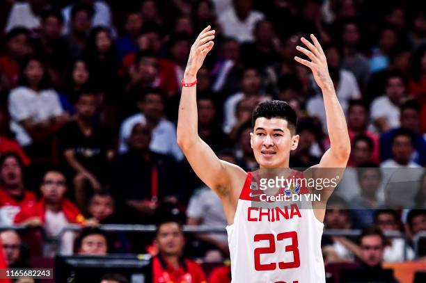 Abudushalamu Abudurexiti of China reacts during the 2nd round Group A march between China and Poland of 2019 FIBA World Cup at the Cadillac Arena on...