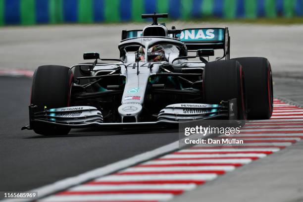 Lewis Hamilton of Great Britain driving the Mercedes AMG Petronas F1 Team Mercedes W10 on track during practice for the F1 Grand Prix of Hungary at...