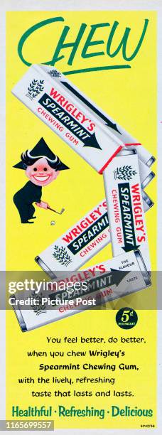 Advertisement for Wrigley's Spearmint Chewing Gum with the caption 'CHEW'. Original Publication: Picture Post Ad - Vol 72 No 13 P 32 - pub. 1st...