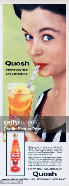 Advertisement for the Quosh fruit squash drink with the caption 'Quosh, deliciously cool and refreshing'. Original Publication: Picture Post Ad - Vol...