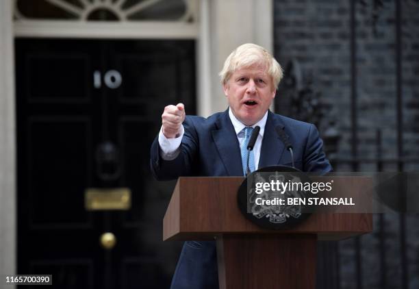 Britain's Prime Minister Boris Johnson delivers a statement outside 10 Downing Street in central London on September 2, 2019. - Prime Minister Boris...