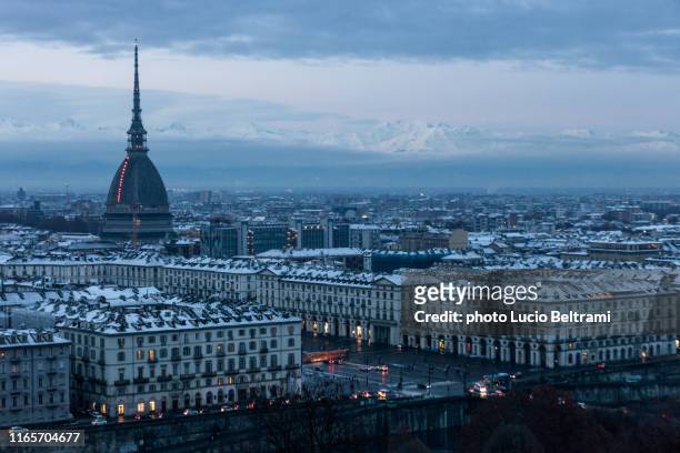 panorama of turin, italy, with snow - turin stock pictures, royalty-free photos & images
