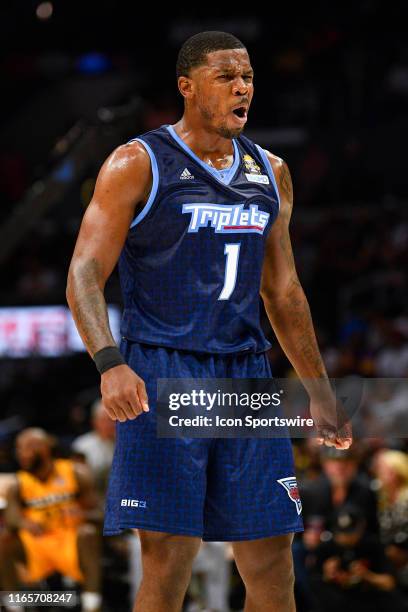 Triplets guard Joe Johnson celebrates during the BIG3 championship game between the Triplets and the Killer 3's on September 1, 2019 at the Staples...