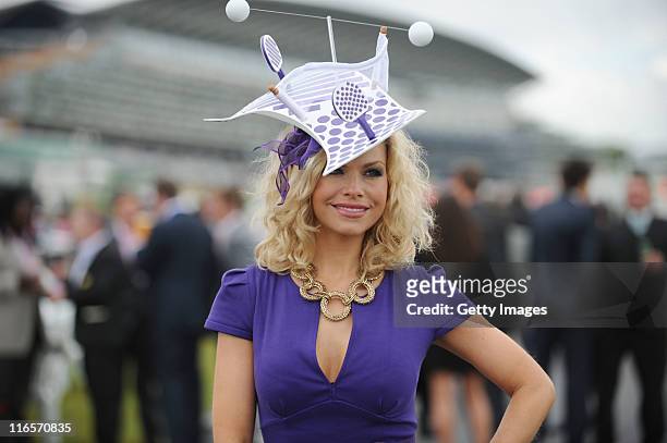 Model for Cadbury poses wearing the Spots V Stripes hat at Ascot on June 16, 2011. Cadbury's the Official Treat Provider of the London 2012 Olympic...