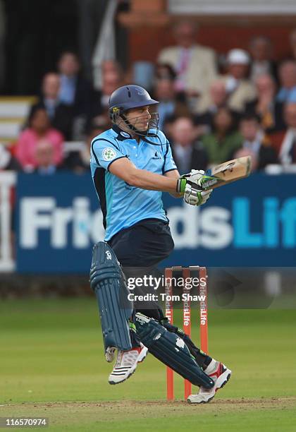 Luke Wright of Sussex hits out during the Friends Life t20 match between Middlesex and Sussex at Lord's Cricket Ground on June 16, 2011 in London,...