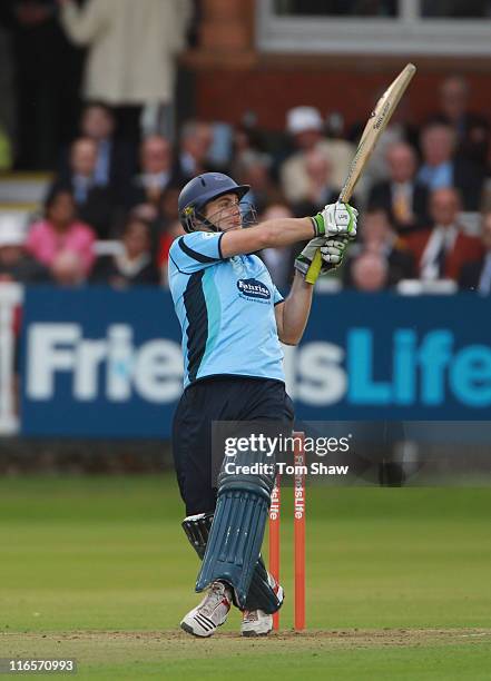 Luke Wright of Sussex hits out during the Friends Life t20 match between Middlesex and Sussex at Lord's Cricket Ground on June 16, 2011 in London,...