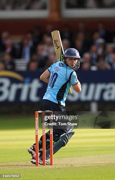 Luke Wright of Sussex hits out during the Friends Life t20 match between Middlesex and Sussex at Lord's Cricket Ground on June 16, 2011 in London,...