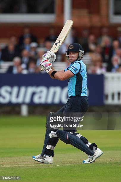 Lou Vincent of Sussex hits out during the Friends Life t20 match between Middlesex and Sussex at Lord's Cricket Ground on June 16, 2011 in London,...