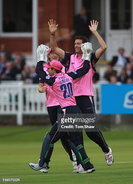 Steven Finn of Middlesex celebrates taking the wicket of Joe Gatting of Sussex during the Friends Life t20 match between Middlesex and Sussex at...