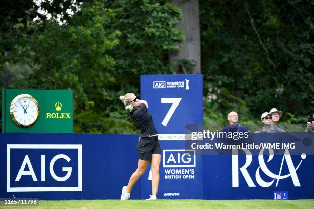 Nicole Broch Larsen of Denmark tees off on the 7th hole during Day Two of the AIG Women's British Open at Woburn Golf Club on August 02, 2019 in...