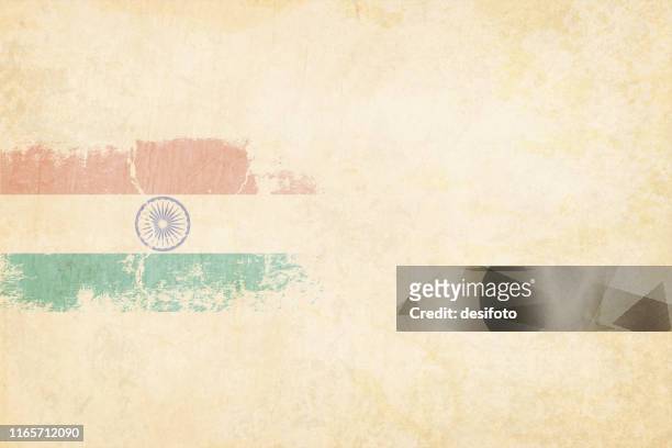 stockillustraties, clipart, cartoons en iconen met tricolor briefkaart-een grunge horizontale vector illustratie van indiase nationale vlag, drie gekleurde horizontale banden van saffraan of oranje, witte en groene kleuren, over beige achtergrond - tri color