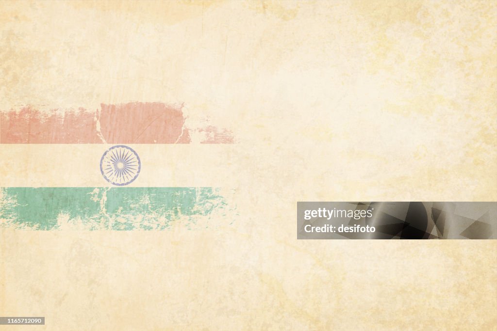 Tricolor postcard - A grunge horizontal vector illustration of Indian National Flag, three colored horizontal bands of saffron or orange, white and green colors, over beige background