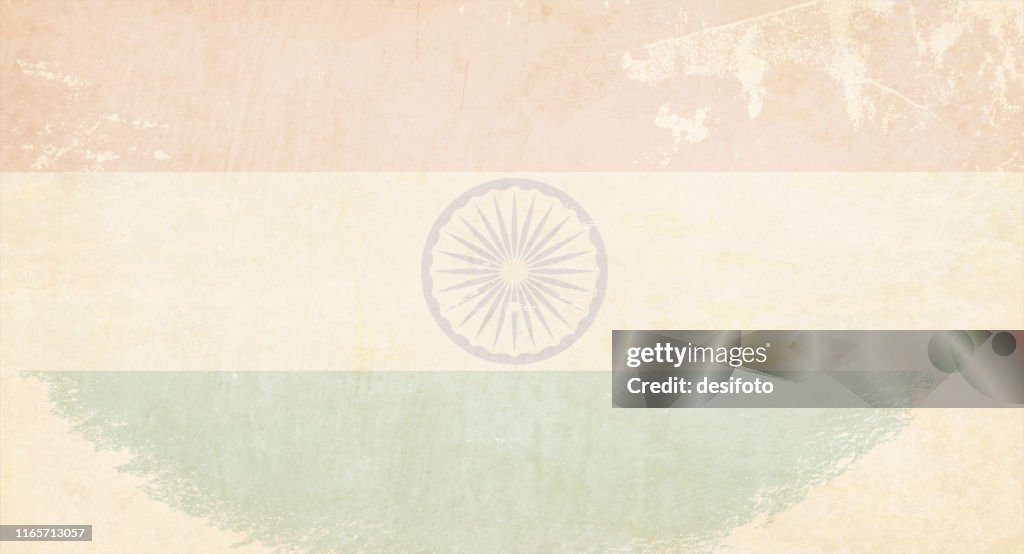 Tricolor postcard - A grunge horizontal vector illustration of Indian National Flag, three colored horizontal bands of saffron or orange, white and green colors, over off white background