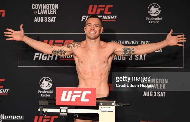 Colby Covington poses on the scale during the UFC Fight Night official weigh-in at the DoubleTree Hotel on August 02, 2019 in Newark, New Jersey.