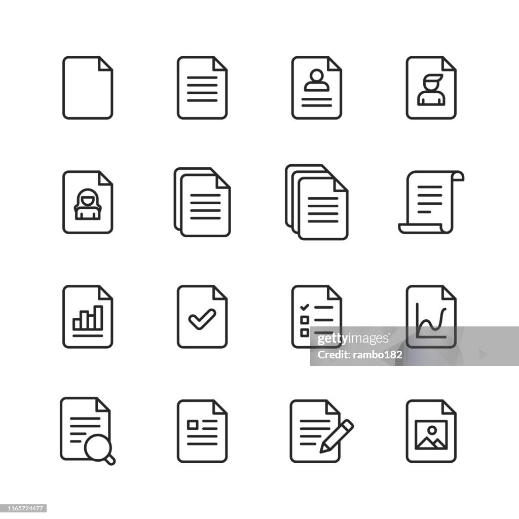 Dokumentzeilensymbole. Bearbeitbarer Strich. Pixel perfekt. Für Mobile und Web. Enthält Symbole wie Dokument, Datei, Kommunikation, Lebenslauf, Dateisuche.