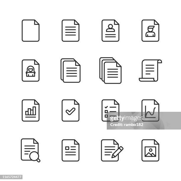 dokumentzeilensymbole. bearbeitbarer strich. pixel perfekt. für mobile und web. enthält symbole wie dokument, datei, kommunikation, lebenslauf, dateisuche. - organisieren stock-grafiken, -clipart, -cartoons und -symbole
