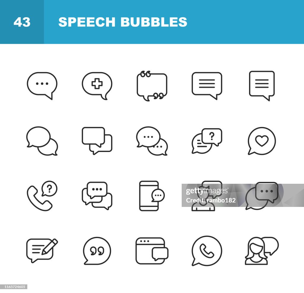 Burbujas de voz vectoriales e iconos de línea de comunicación. Trazo editable. Píxel perfecto. Para móviles y web.