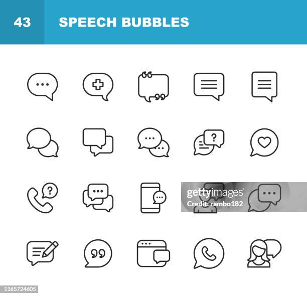 ilustrações de stock, clip art, desenhos animados e ícones de vector speech bubbles and communication line icons. editable stroke. pixel perfect. for mobile and web. - etiqueta mensagem