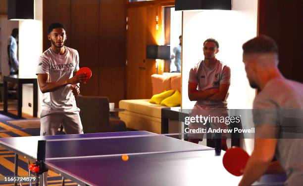 Joe Gomez of Liverpool during a game of table tennis on August 02, 2019 in Evian-les-Bains, France.