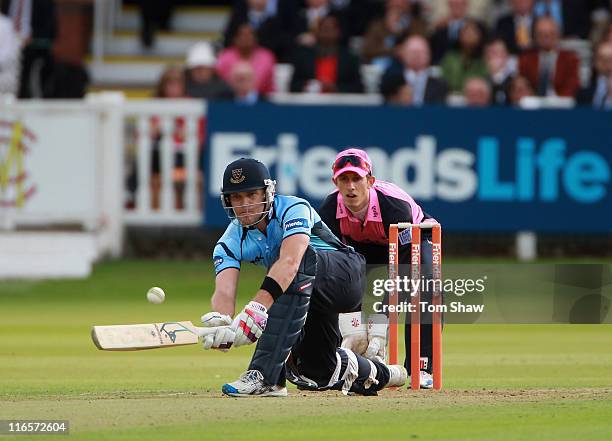 Lou Vincent of Sussex hits out during the Friends Life t20 match between Middlesex and Sussex at Lord's Cricket Ground on June 16, 2011 in London,...