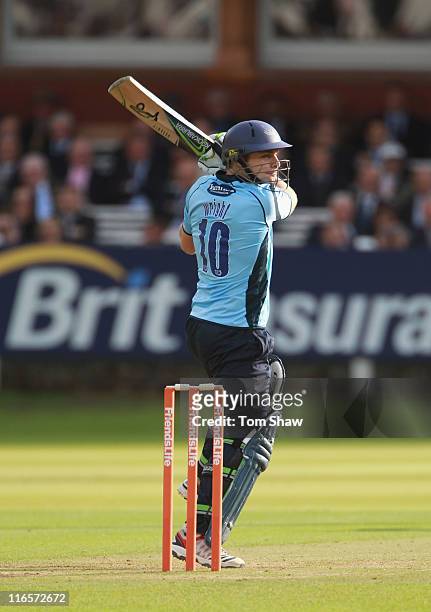 Luke Wright of Sussex hits out during the Friends Life t20 match between Middlesex and Sussex at Lord's Cricket Ground on June 16, 2011 in London,...