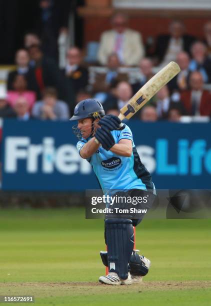 Murray Goodwin of Sussex hits out during the Friends Life t20 match between Middlesex and Sussex at Lord's Cricket Ground on June 16, 2011 in London,...
