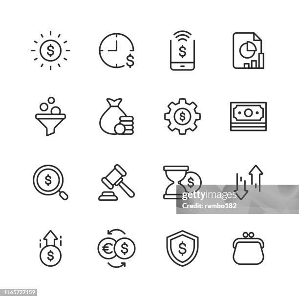 ilustraciones, imágenes clip art, dibujos animados e iconos de stock de iconos de líneas financieras y bancarias. trazo editable. píxel perfecto. para móviles y web. contiene iconos tales como dinero, finanzas, banca, monedas, gráfico, pagos en línea, ahorros, cambio de divisas, monedero. - caja fuerte objeto de seguridad
