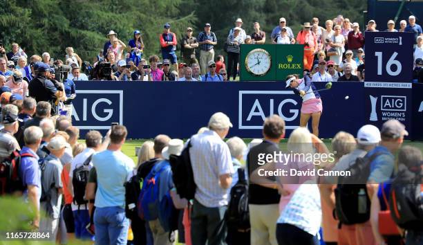 Georgia Hall of England plays her tee shot on the par 4, 16th hole during the second round of the AIG Women's British Open on the Marquess Course at...