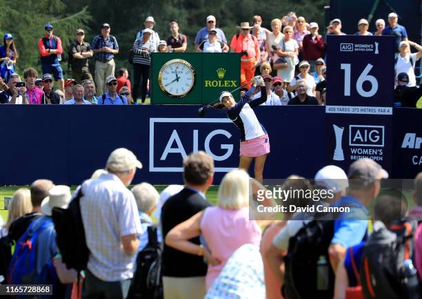 Georgia Hall of England plays her tee shot on the par 4, 16th hole during the second round of the AIG Women's British Open on the Marquess Course at...