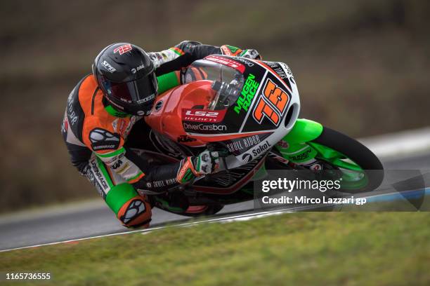 Makar Yurchenko of Kazakhstan and Boe Skull Rider Mugen Race rounds the bend during the MotoGp of Czech Republic - Free Practice at Brno Circuit on...