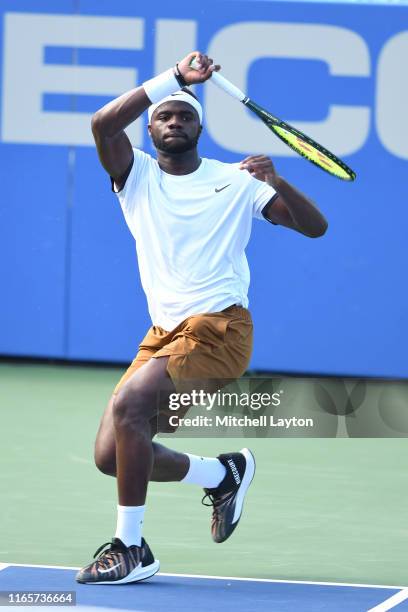 Francis Tiafoe of the United States returns a shot from Alexander Bublik of Kazakhstan during Day 2 of the Citi Open at Rock Creek Tennis Center on...