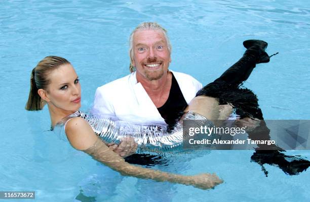 Karolina Kurkova and Sir Richard Branson attend a press conference to celebrate Virgin Atlantics 25th Anniversary of award winning service between...