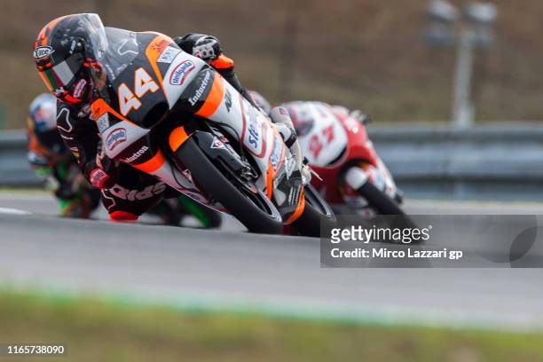 Aron Canet of Spain and Sterilgarda Max Racing Team leads the field during the MotoGp of Czech Republic - Free Practice at Brno Circuit on August 02,...