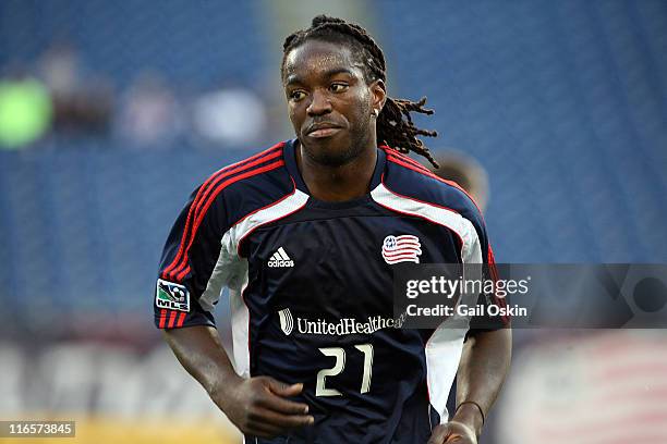 Shalrie Joseph of the New England Revolution warms up before a game against the Toronto FC at Gillette Stadium on June 15, 2011 in Foxboro,...