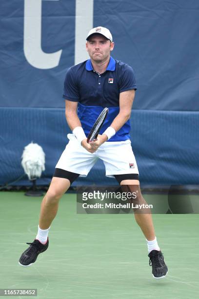 Bjorn Fratangelo of the United States prepares for a shot from Daniil Medvedev of Russia during Day 2 of the Citi Open at Rock Creek Tennis Center on...