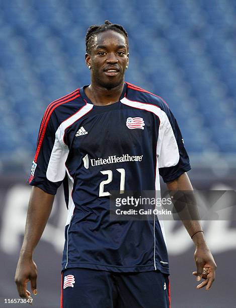 Shalrie Joseph of the New England Revolution warms up before a game against the Toronto FC at Gillette Stadium on June 15, 2011 in Foxboro,...