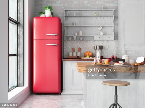 loft kitchen - vintage refrigerator stock pictures, royalty-free photos & images