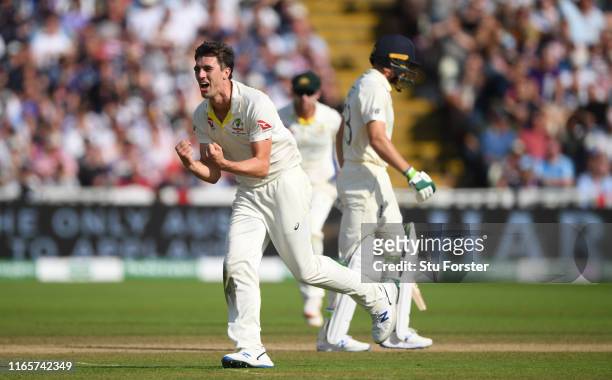 Australia bowler Pat Cummins celebrates after dismissing Jos Buttler during day two of the First Specsavers Test Match between England and Australia...