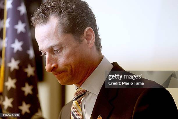 Rep. Anthony Weiner announces his resignation June 16, 2011 in the Brooklyn borough of New York City. The resignation comes ten days after the...